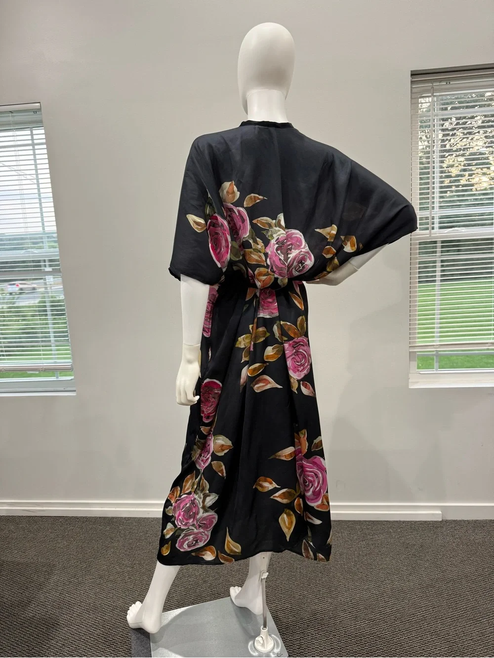 Black Floral Kimono Robe with Pink Rose Print